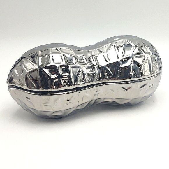 Unique Chrome Finish Ceramic Peanut Lidded Trinket Box - Silver - Picture 1 of 13
